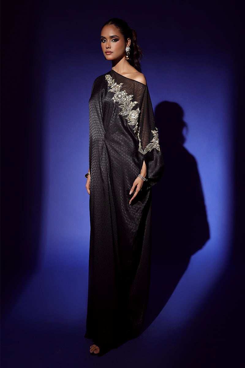 Wardha Saleem | Luxury Pret Fusion Wear | RAVEN DRAPE (1PC) Custom Size Black Silk