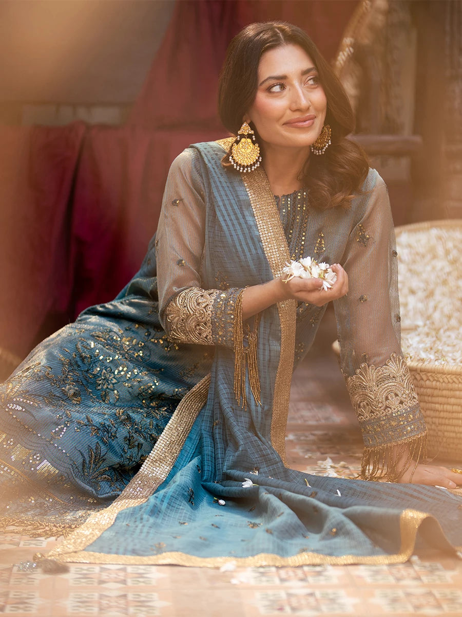 Salitex | Signature Festive Chiffon | SUNW6JI039UT L Teal Khaddi Net