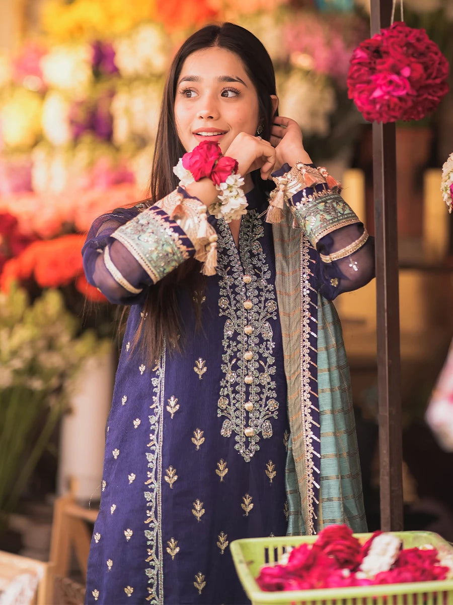 Salitex | Signature Festive Chiffon | SUNW6JI018UT M Dark Blue Khaddi Net