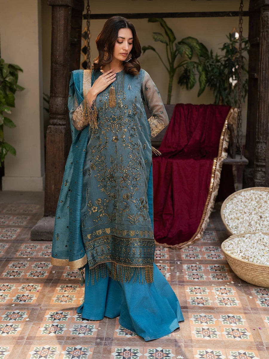 Salitex | Signature Festive Chiffon | SUNW6JI039UT XS Teal Khaddi Net