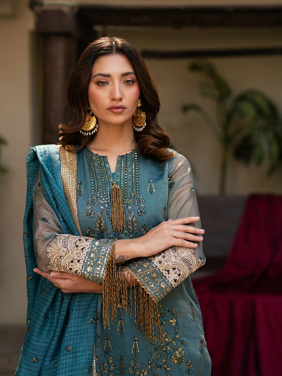 Salitex | Signature Festive Chiffon | SUNW6JI039UT M Teal Khaddi Net