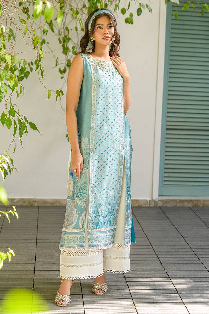 Fatima Khan | Eid Digital Silk Prints |   Teal Tropics - Pakistani Designer Dress - by Fatima Khan | Type: Ladies Clothes - 100% Original at Saira Sultan