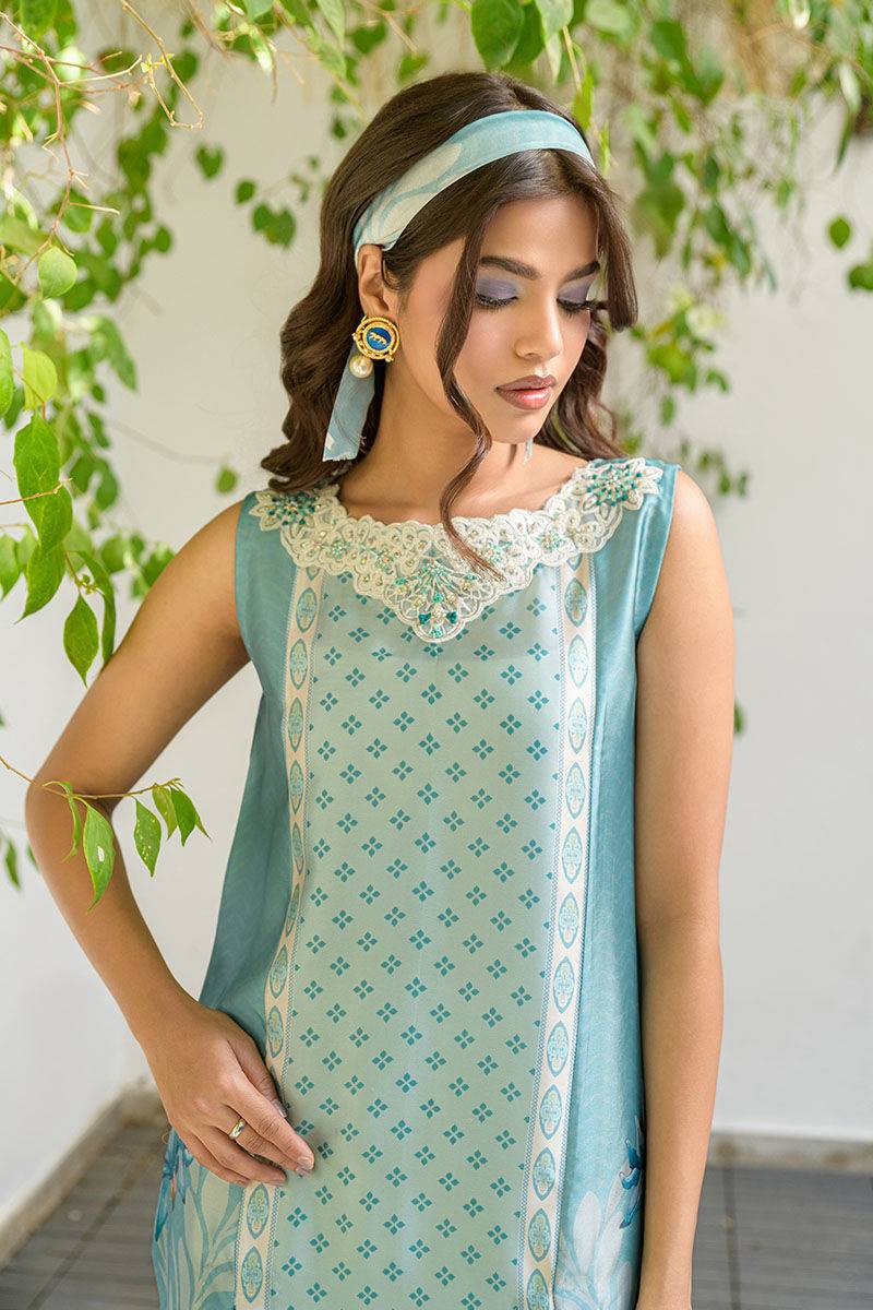 Fatima Khan | Eid Digital Silk Prints |   Teal Tropics - Pakistani Designer Dress - by Fatima Khan | Type: Ladies Clothes - 100% Original at Saira Sultan
