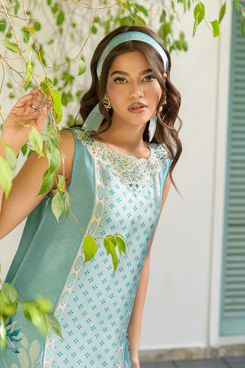 Fatima Khan | Eid Digital Silk Prints |   Teal Tropics - Pakistani Designer Dress - by Fatima Khan | Type: Ladies Clothes - 100% Original at Saira Sultan