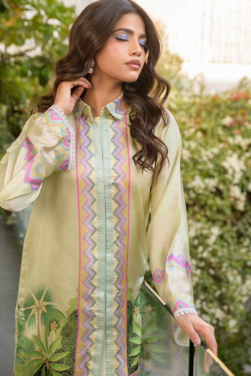 Fatima Khan | Eid Digital Silk Prints | Pastel Orchid M Pastel Yellow Silk