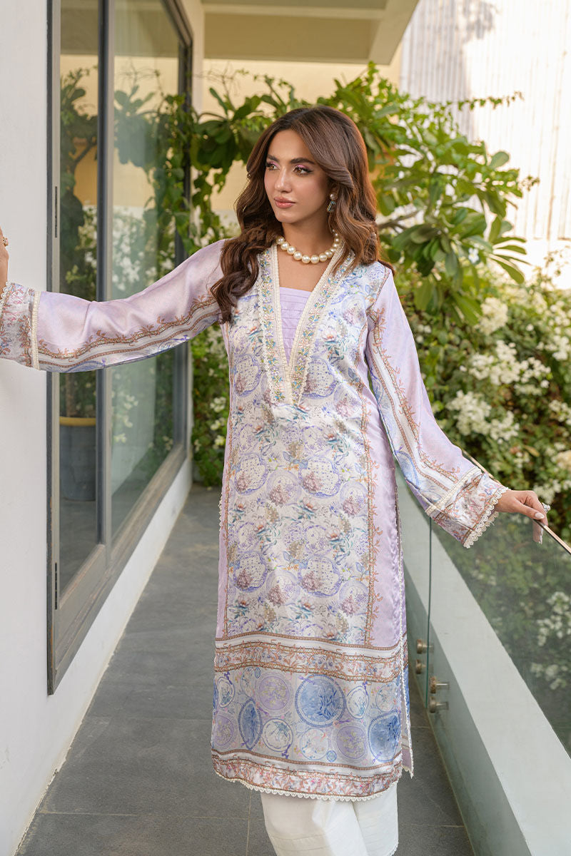 Fatima Khan | Eid Digital Silk Prints | Aqua Coral L Soft Lilac Silk