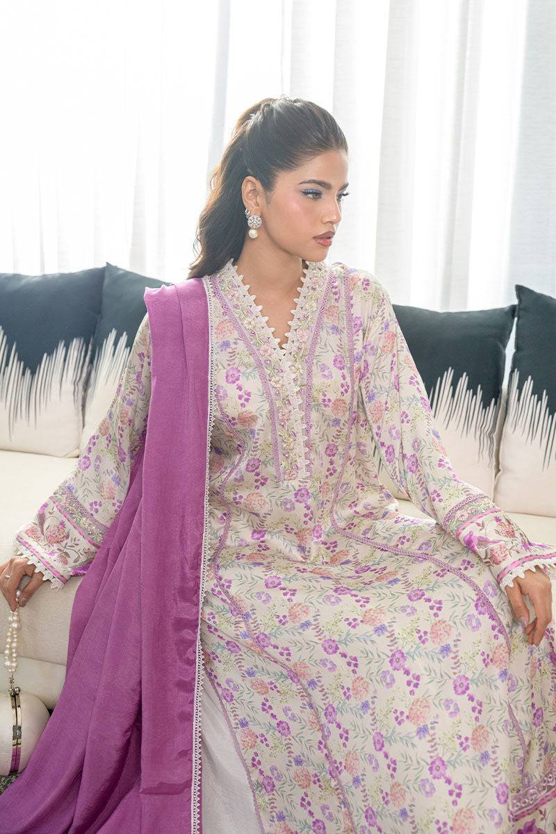 Fatima Khan | Eid Digital Silk Prints | Lavender Ivory - Pakistani Designer Dress - by Fatima Khan | Type: Ladies Clothes - 100% Original at Saira Sultan