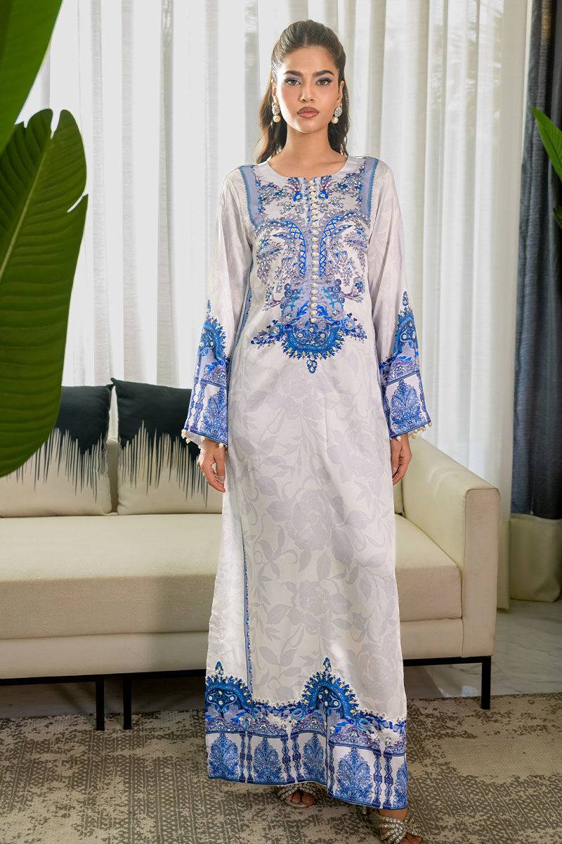 Fatima Khan | Eid Digital Silk Prints | White Opal - Pakistani Designer Dress - by Hoorain Designer Wear | Type:  - 100% Original at Saira Sultan