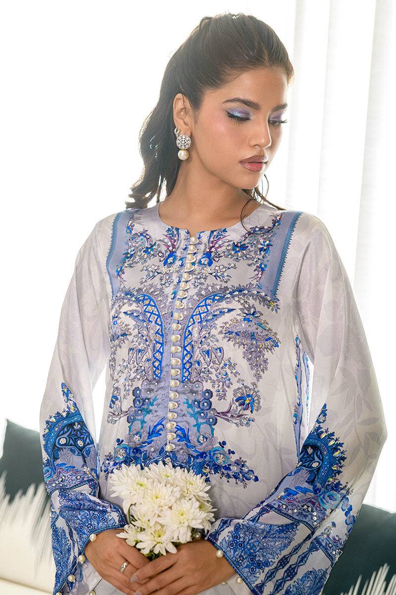 Fatima Khan | Eid Digital Silk Prints | White Opal - Pakistani Designer Dress - by Hoorain Designer Wear | Type:  - 100% Original at Saira Sultan