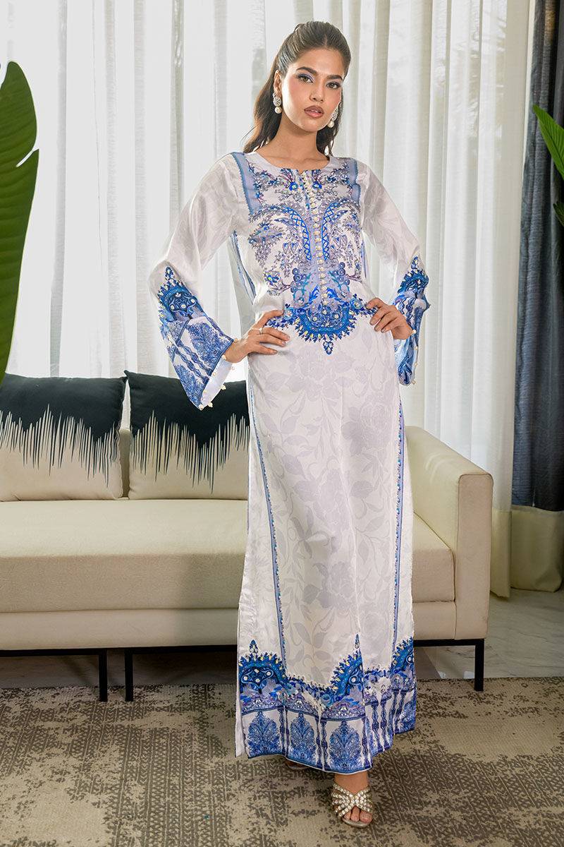 Fatima Khan | Eid Digital Silk Prints | White Opal - Pakistani Designer Dress - by Hoorain Designer Wear | Type:  - 100% Original at Saira Sultan