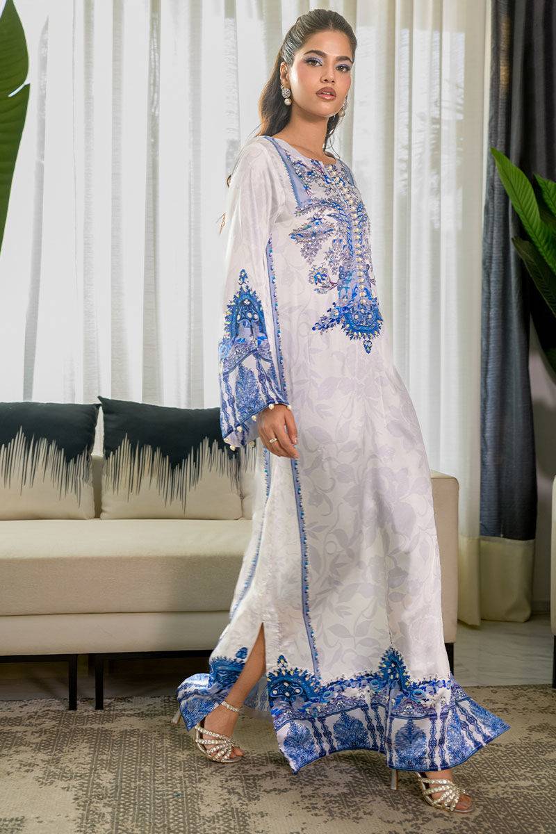 Fatima Khan | Eid Digital Silk Prints | White Opal - Pakistani Designer Dress - by Hoorain Designer Wear | Type:  - 100% Original at Saira Sultan