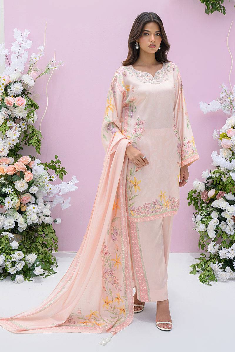 Fatima Khan | Eid Digital Silk Prints | Peach Blossoms - Pakistani Designer Dress - by Fatima Khan | Type: Ladies Clothes - 100% Original at Saira Sultan