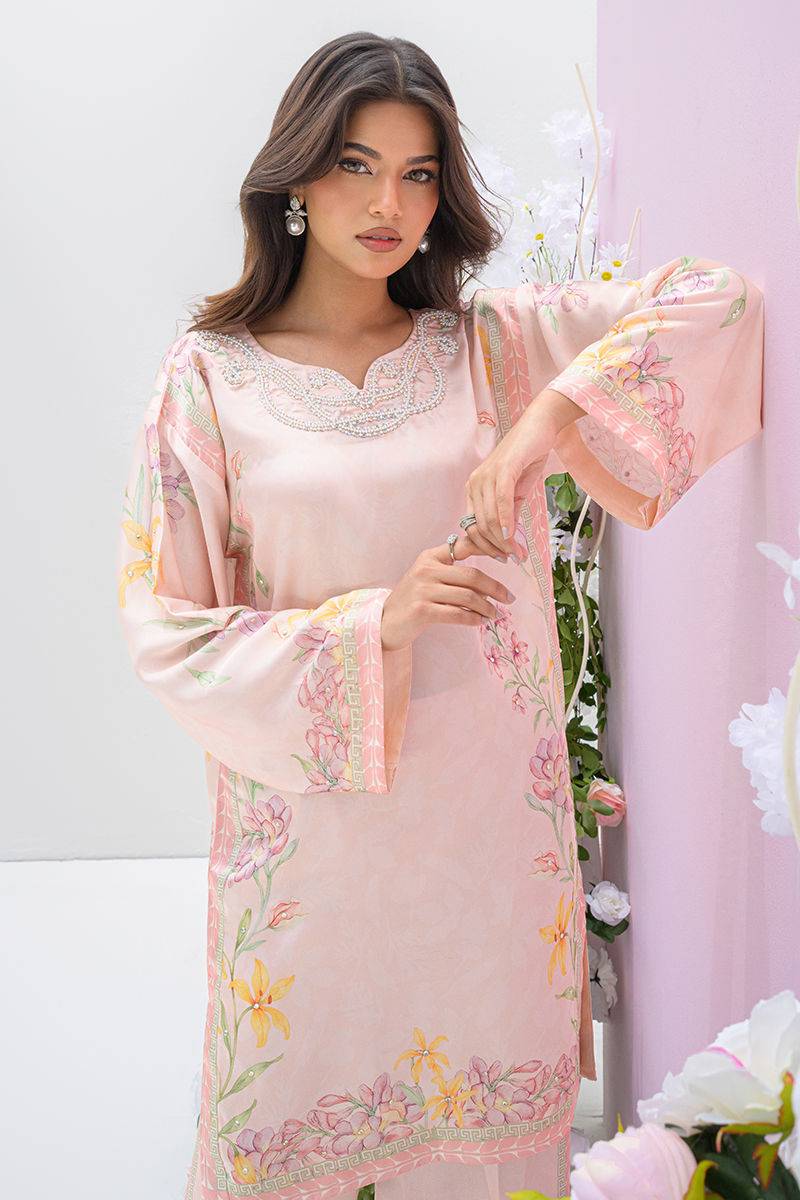 Fatima Khan | Eid Digital Silk Prints | Peach Blossoms - Pakistani Designer Dress - by Fatima Khan | Type: Ladies Clothes - 100% Original at Saira Sultan