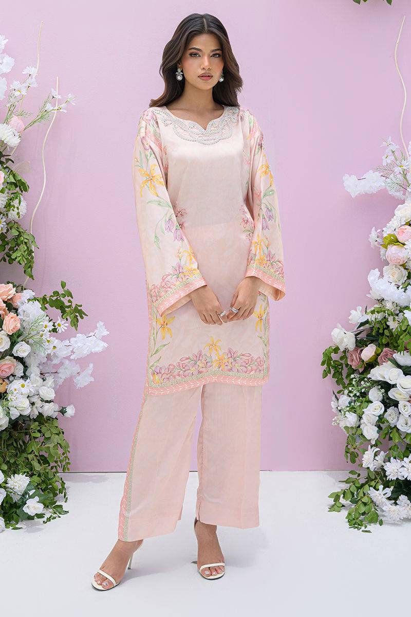 Fatima Khan | Eid Digital Silk Prints | Peach Blossoms - Pakistani Designer Dress - by Fatima Khan | Type: Ladies Clothes - 100% Original at Saira Sultan