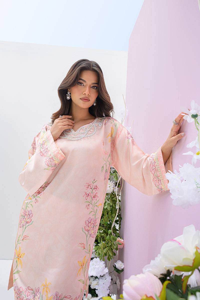 Fatima Khan | Eid Digital Silk Prints | Peach Blossoms - Pakistani Designer Dress - by Fatima Khan | Type: Ladies Clothes - 100% Original at Saira Sultan