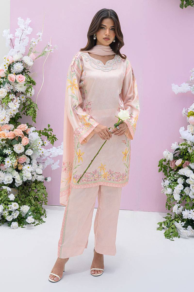 Fatima Khan | Eid Digital Silk Prints | Peach Blossoms - Pakistani Designer Dress - by Fatima Khan | Type: Ladies Clothes - 100% Original at Saira Sultan