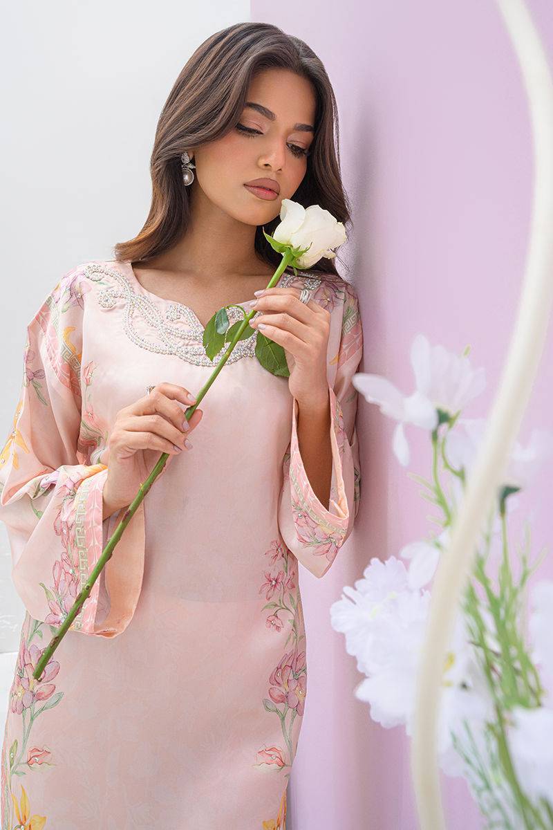 Fatima Khan | Eid Digital Silk Prints | Peach Blossoms - Pakistani Designer Dress - by Fatima Khan | Type: Ladies Clothes - 100% Original at Saira Sultan