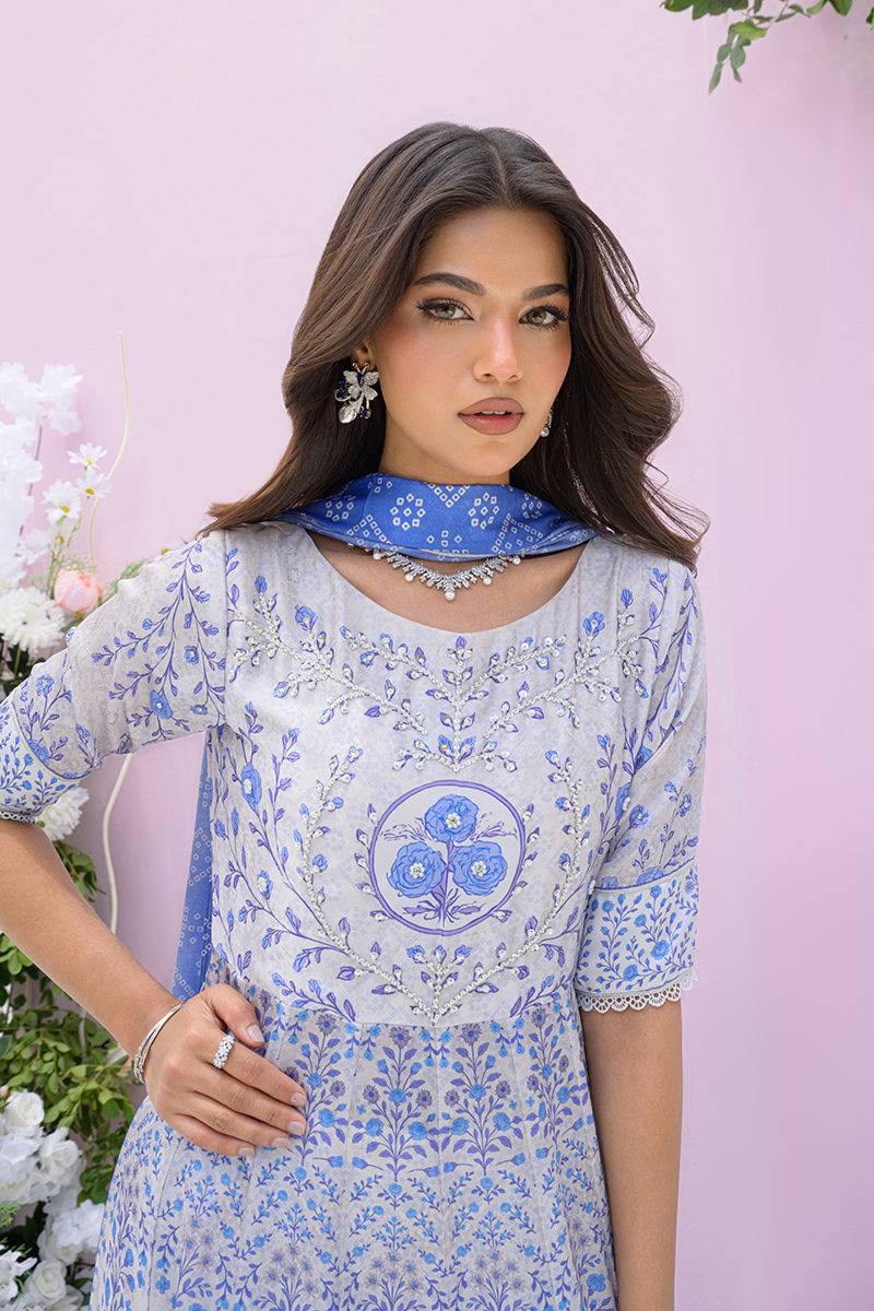 Fatima Khan | Eid Digital Silk Prints | Azure Blue - Pakistani Designer Dress - by Fatima Khan | Type: Ladies Clothes - 100% Original at Saira Sultan