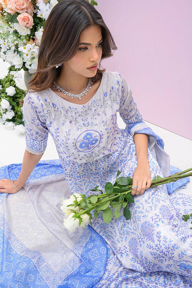 Fatima Khan | Eid Digital Silk Prints | Azure Blue - Pakistani Designer Dress - by Fatima Khan | Type: Ladies Clothes - 100% Original at Saira Sultan