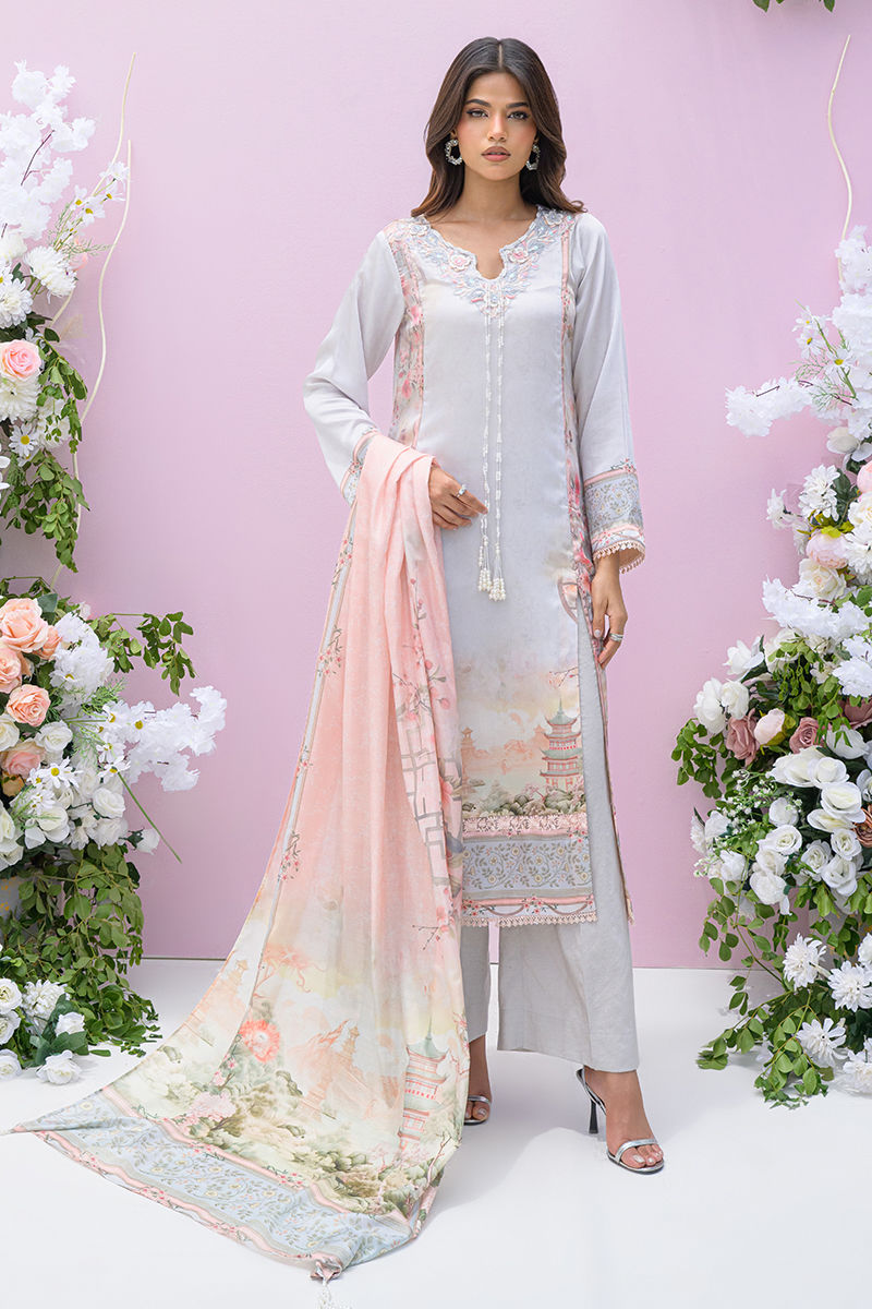 Fatima Khan | Eid Digital Silk Prints | Oriental Haze XS Gray Silk