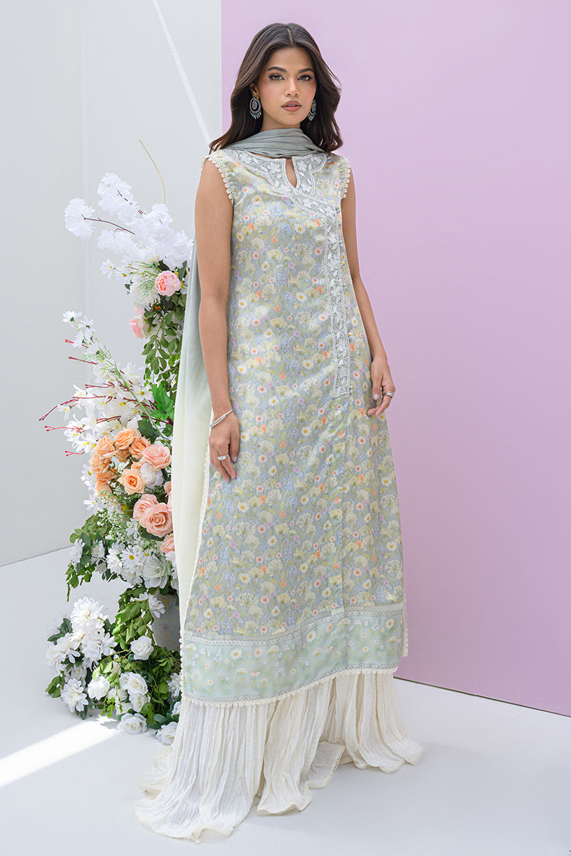 Fatima Khan | Eid Digital Silk Prints | Dandelions XS Gray Silk