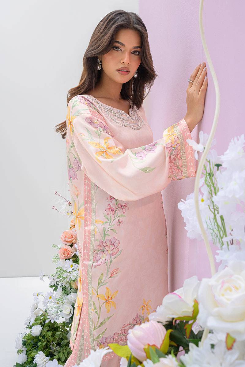 Fatima Khan | Eid Digital Silk Prints | Peach Blossoms - Pakistani Designer Dress - by Fatima Khan | Type: Ladies Clothes - 100% Original at Saira Sultan