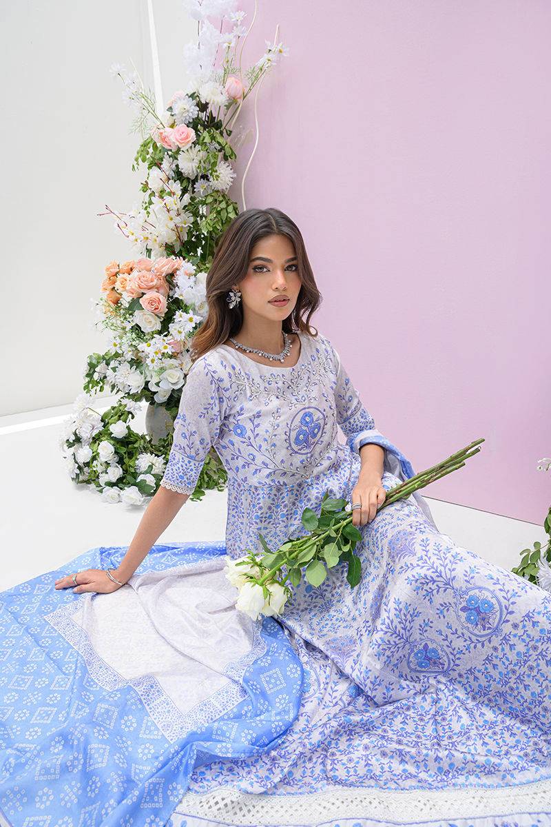 Fatima Khan | Eid Digital Silk Prints | Azure Blue - Pakistani Designer Dress - by Fatima Khan | Type: Ladies Clothes - 100% Original at Saira Sultan