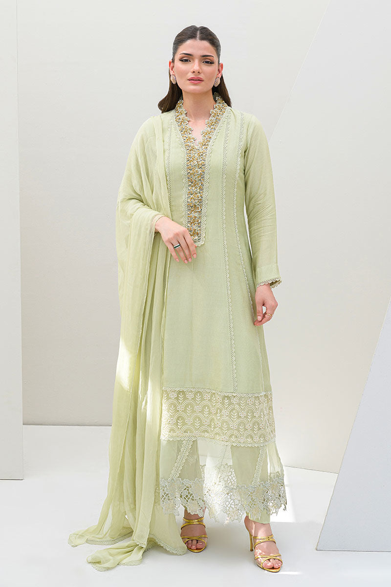 Fatima Khan | Serene Eid Luxe Pret | Honeydew Hue XS Tea Green Khaddi Net