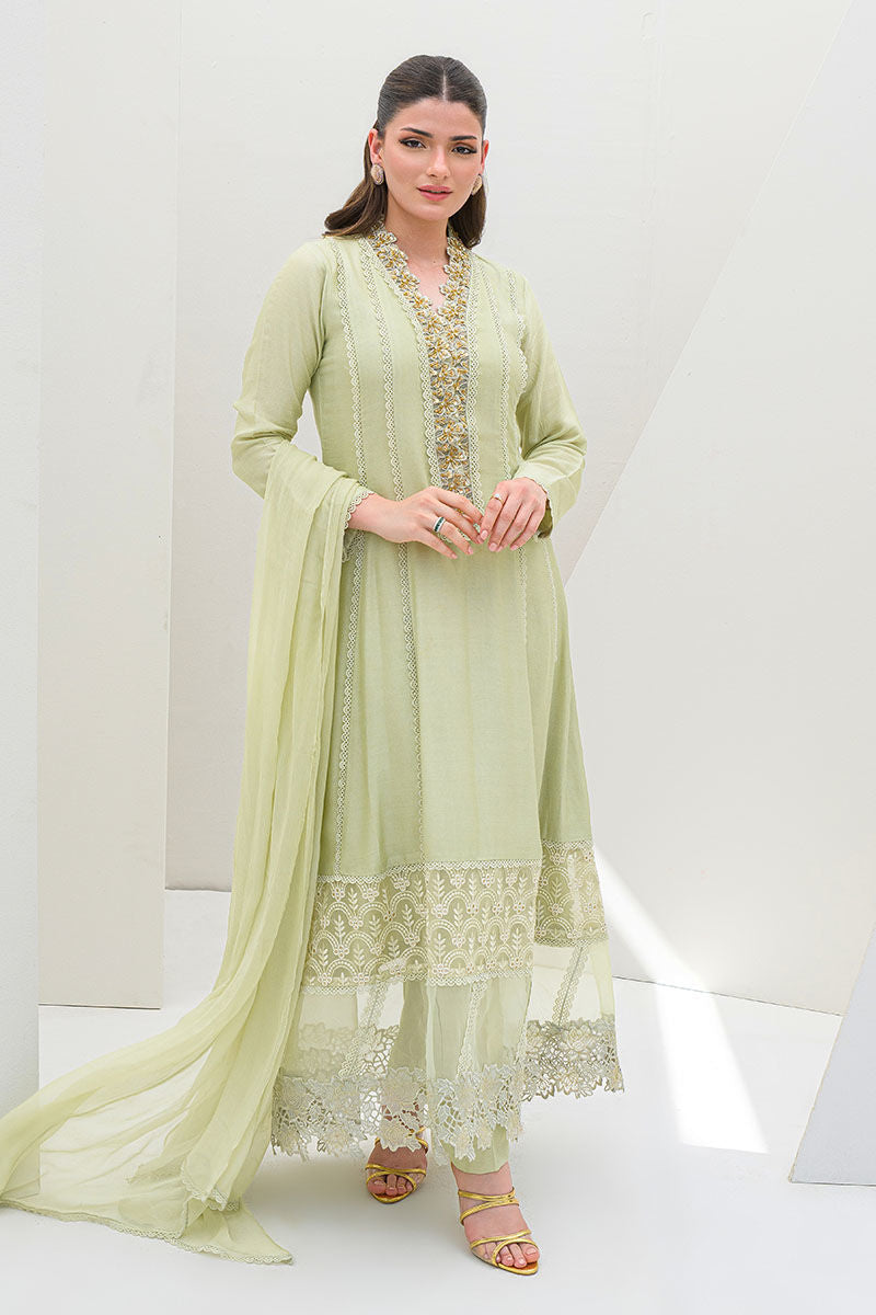Fatima Khan | Serene Eid Luxe Pret | Honeydew Hue XL Tea Green Khaddi Net