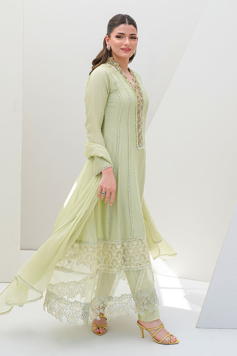 Fatima Khan | Serene Eid Luxe Pret | Honeydew Hue XS Tea Green Khaddi Net