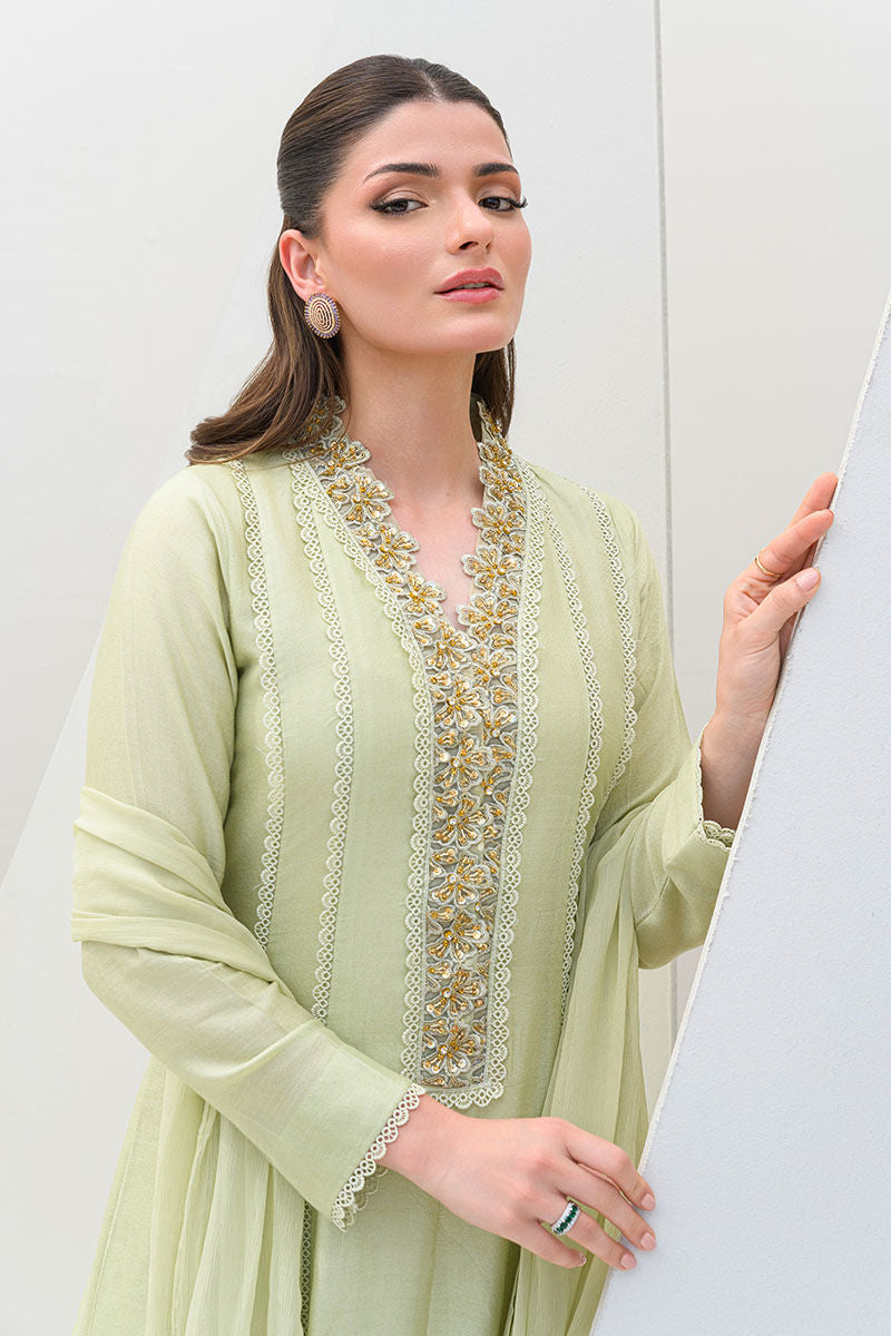 Fatima Khan | Serene Eid Luxe Pret | Honeydew Hue L Tea Green Khaddi Net