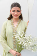 Fatima Khan | Serene Eid Luxe Pret | Honeydew Hue M Tea Green Khaddi Net