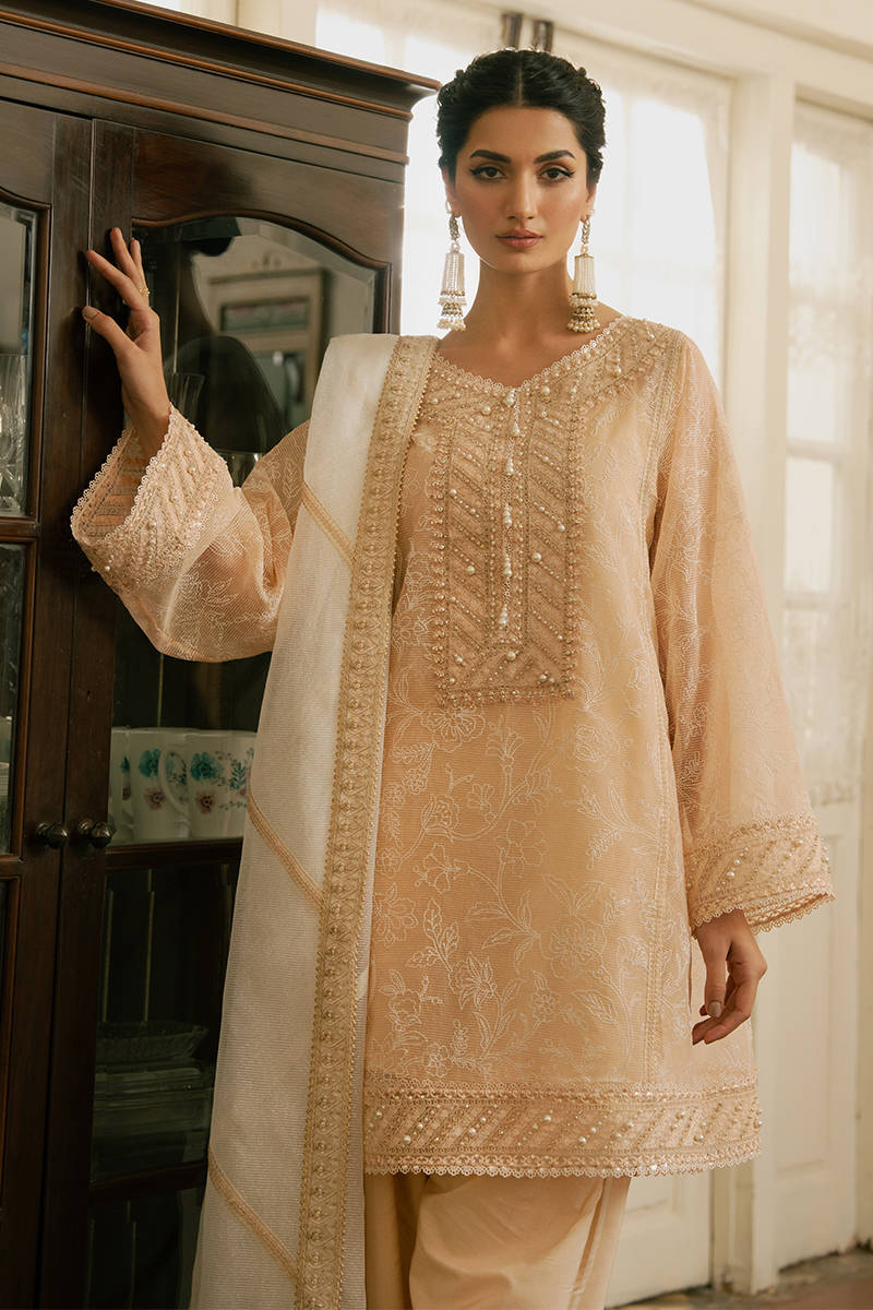 MNR | Ashiyana Festive Eid Collection 25 | Ayzal XL Pale Peach Cotton Net