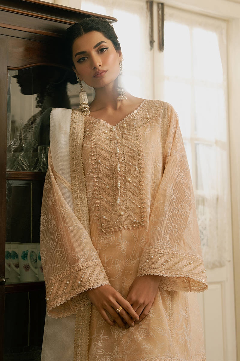 MNR | Ashiyana Festive Eid Collection 25 | Ayzal L Pale Peach Cotton Net