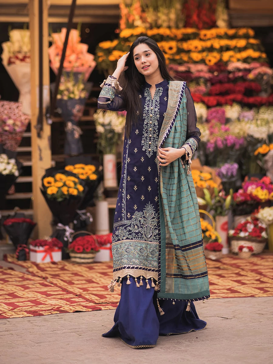 Salitex | Signature Festive Chiffon | SUNW6JI018UT XS Dark Blue Khaddi Net