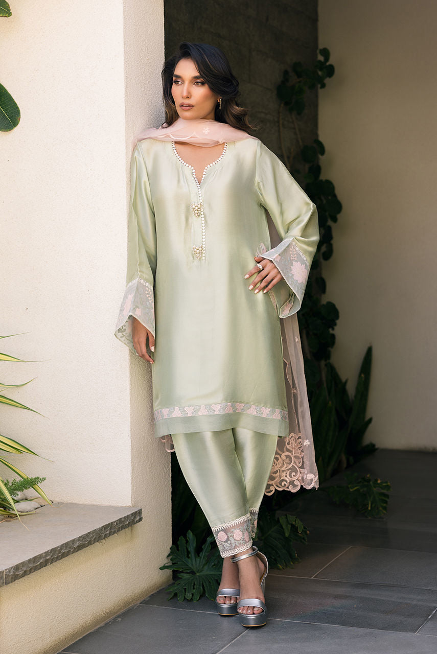 Deepak Perwani | Eid Edit 25 | Kut329 XL Mint Green Silk