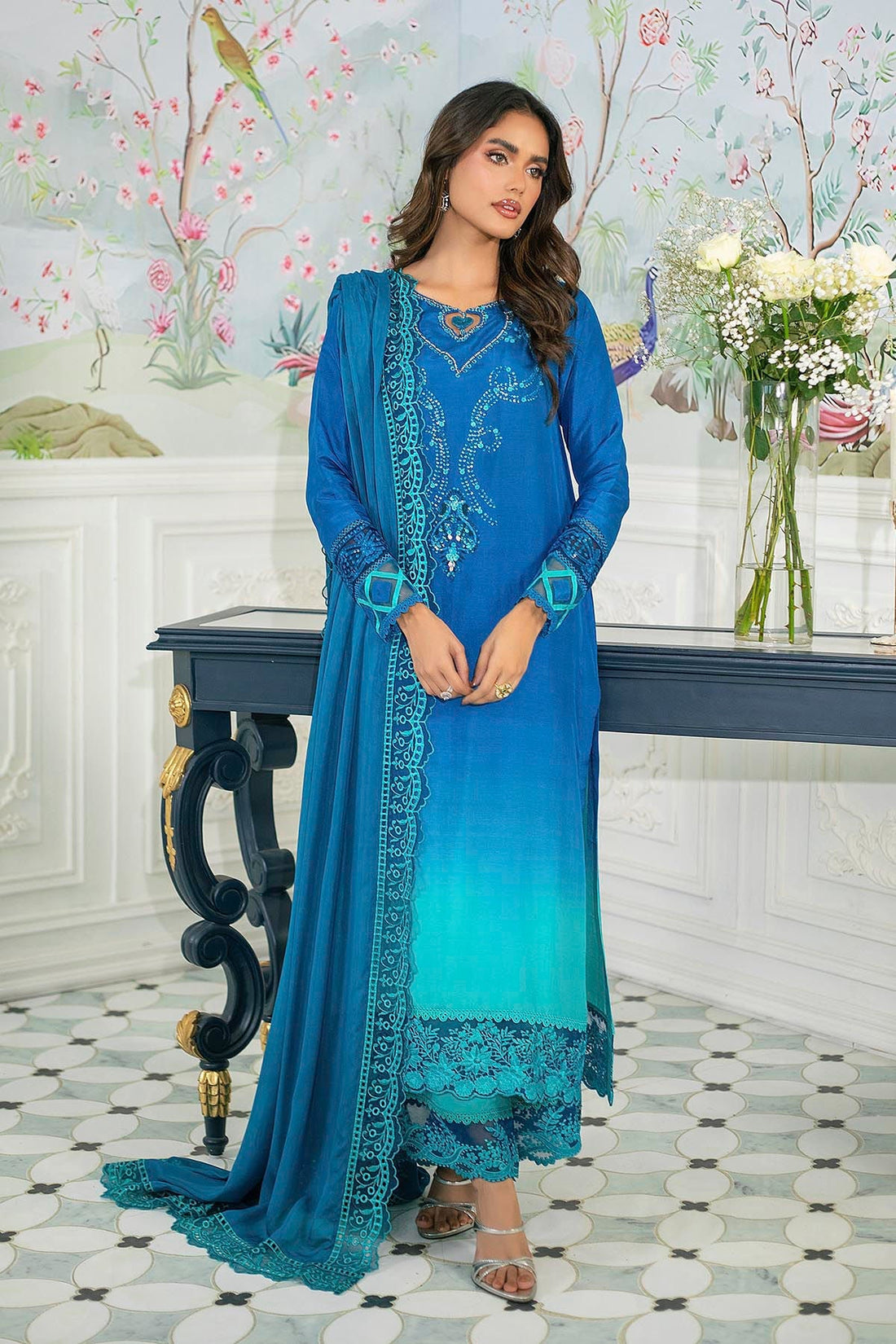 Annus Abrar | Sehr Eid Luxe | Zerni XS Peacock Blue Pure Raw Silk