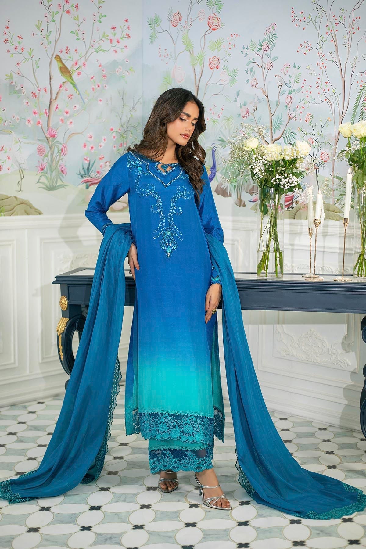 Annus Abrar | Sehr Eid Luxe | Zerni L Peacock Blue Pure Raw Silk