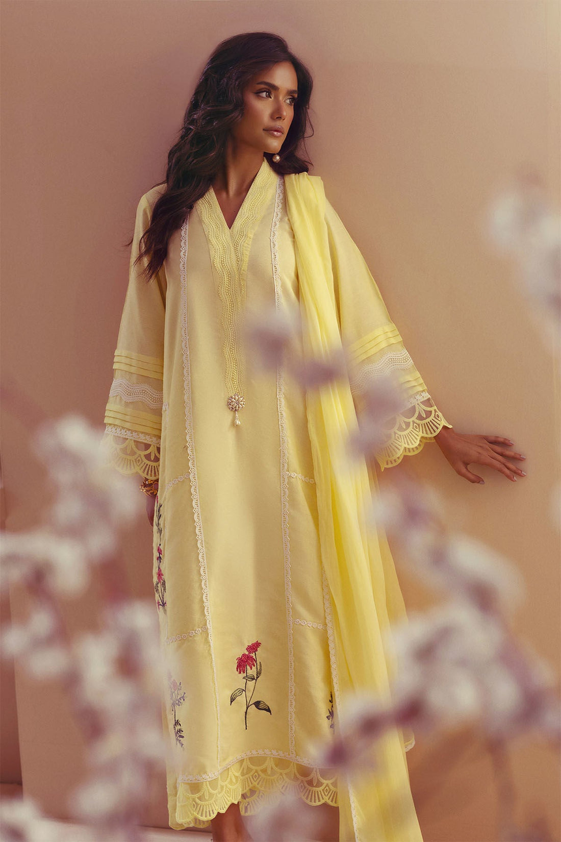Annus Abrar | Eid Elemental Festive | Taani XS Pastel Yellow Cotton Net