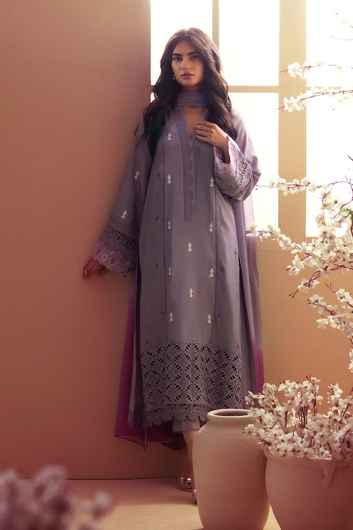 Annus Abrar | Eid Elemental Festive | Behr M Lilac Gray Cotton Net