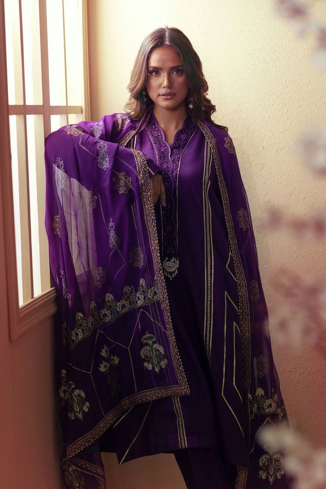 Annus Abrar | Eid Elemental Festive | Elaheh XS Deep Purple Cotton Net
