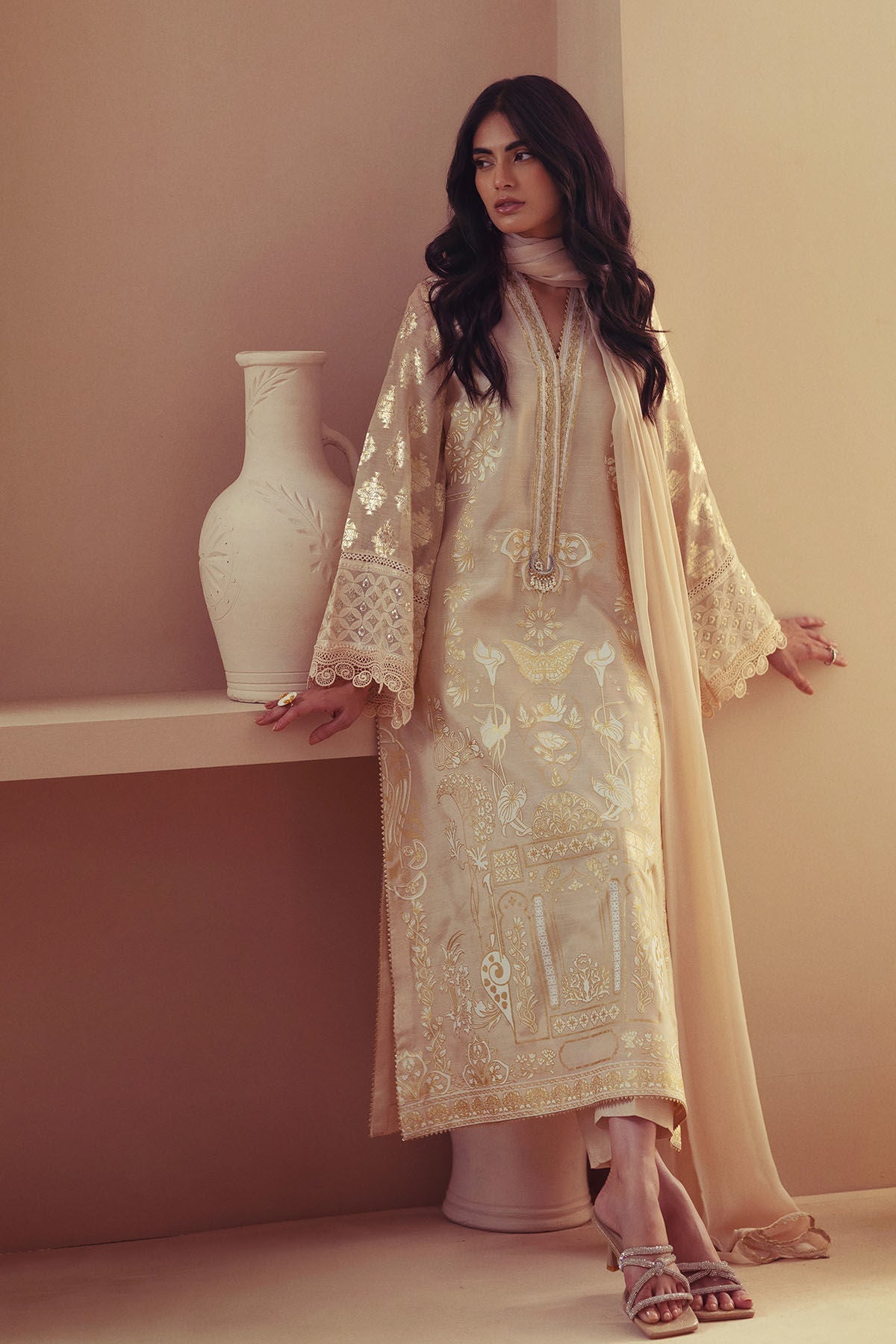 Annus Abrar | Eid Elemental Festive | Negar M Beige Chiffon