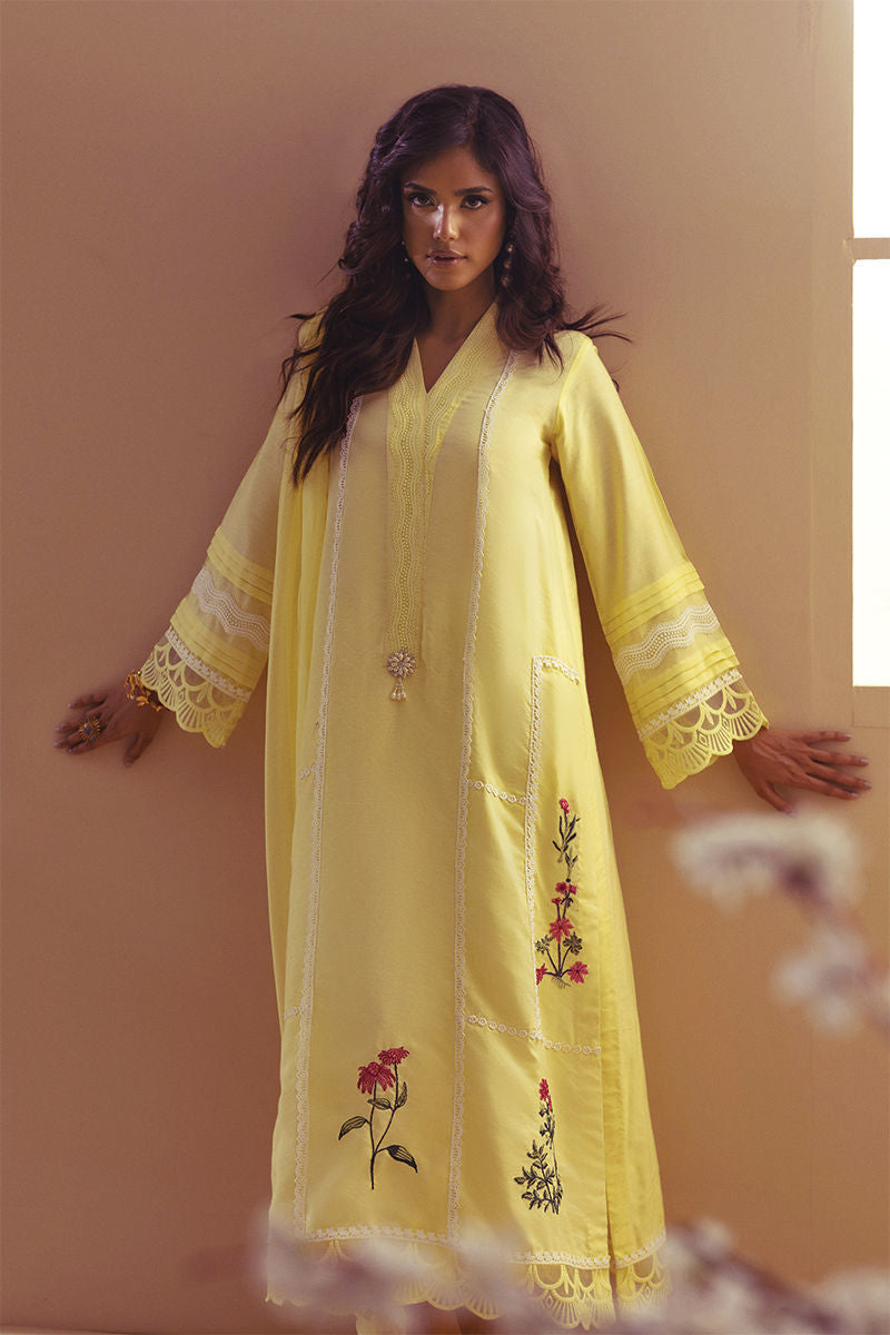 Annus Abrar | Eid Elemental Festive | Taani M Pastel Yellow Cotton Net