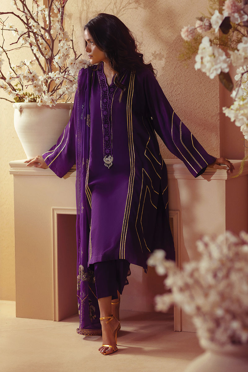 Annus Abrar | Eid Elemental Festive | Elaheh M Deep Purple Cotton Net