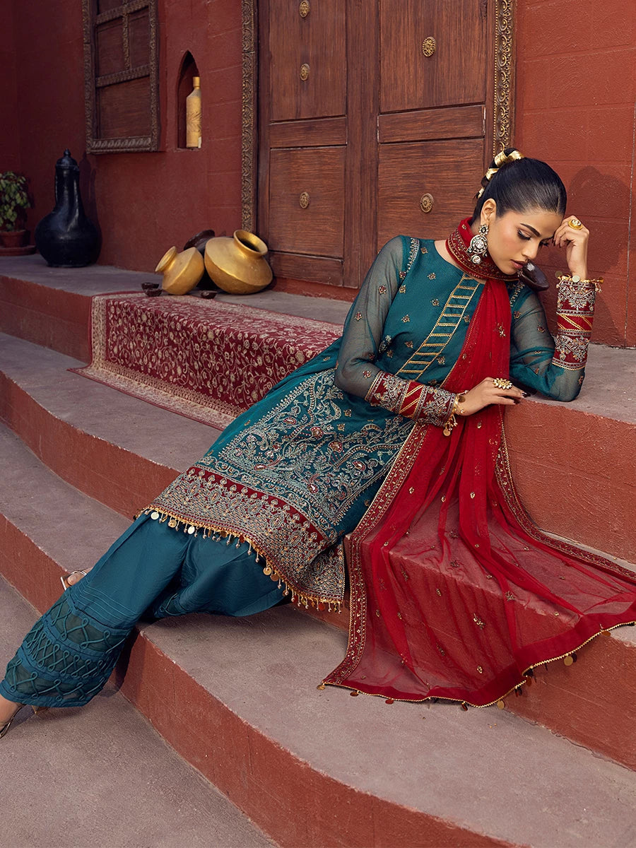 Salitex | Signature Festive Chiffon | SUNW6JI021UT Custom Size Teal Green Khaddi Net