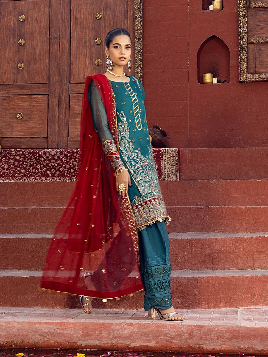 Salitex | Signature Festive Chiffon | SUNW6JI021UT L Teal Green Khaddi Net