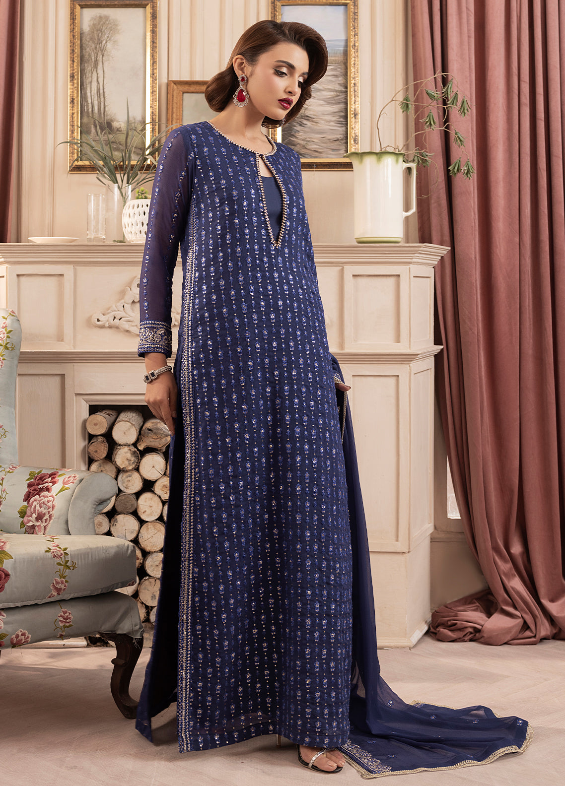 Sahane | Elyssa Festive Chiffon | CT-19002 Elle - ELYSSA XL Navy Blue Chiffon