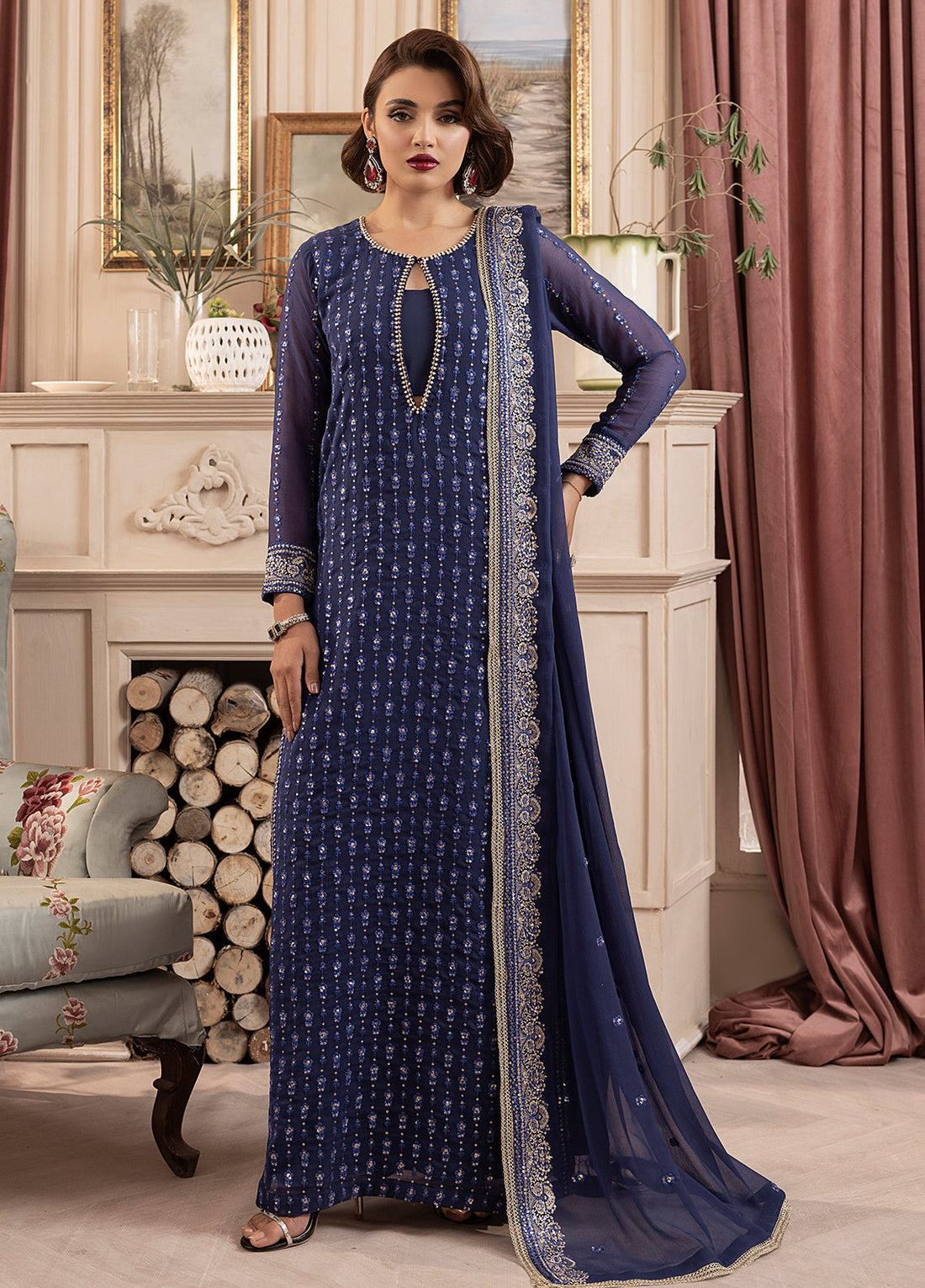 Sahane | Elyssa Festive Chiffon | CT-19002 Elle - ELYSSA XS Navy Blue Chiffon