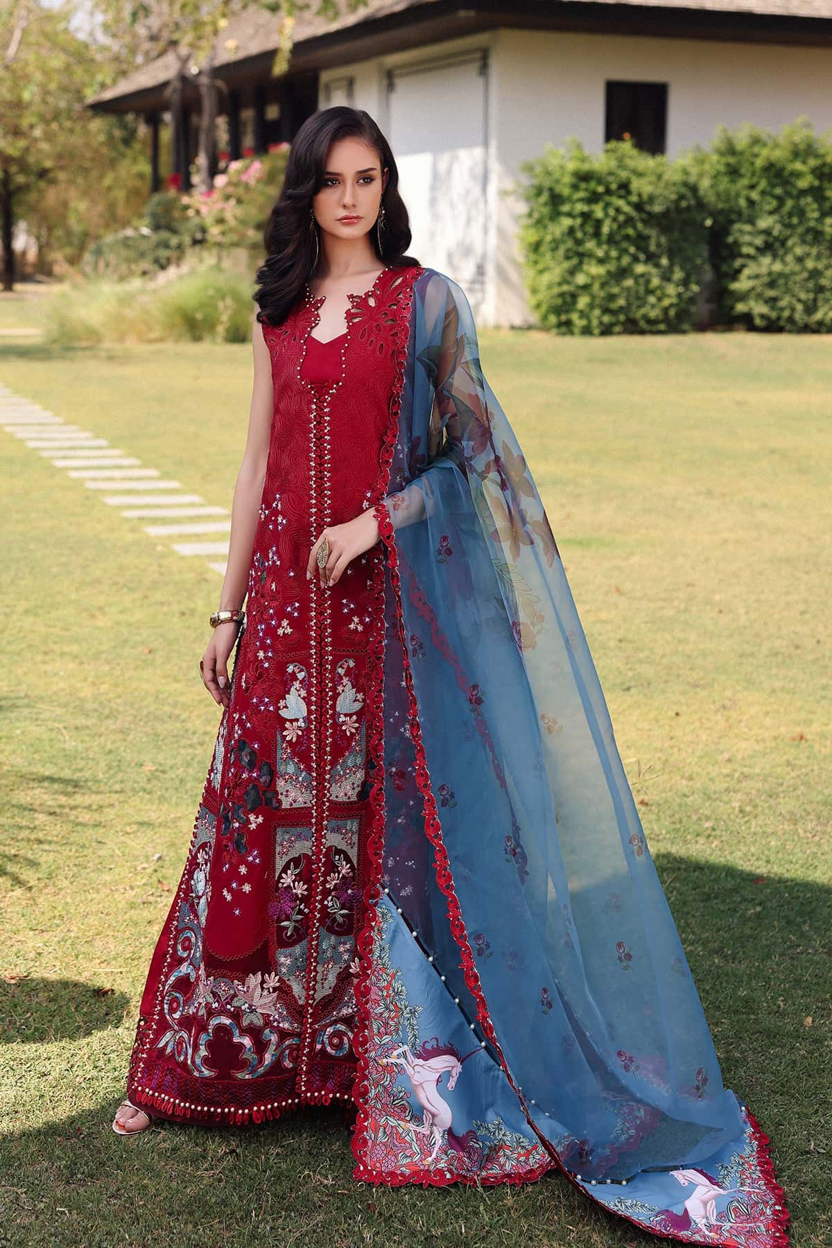 Afrozeh | Lawn 25 | Glacis Custom Size Red Lawn