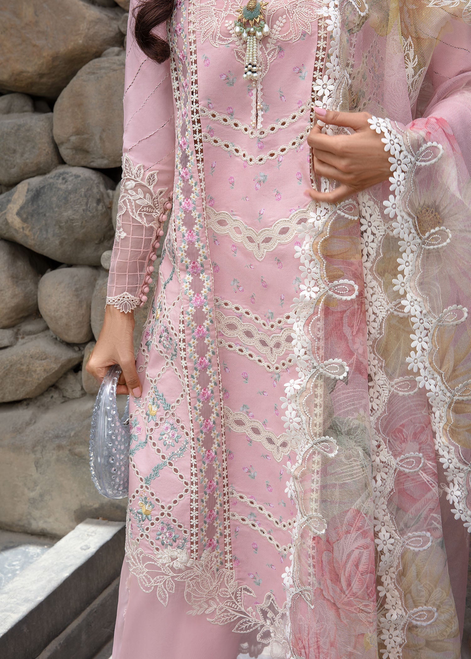 Crimson | Lawn 2024 | A Floral Mesh - Rose Pink - Pakistani Designer Dress - by Crimson | Type: Luxury - 100% Original at Saira Sultan